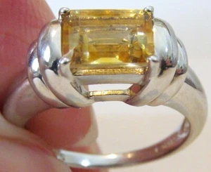 Sterling Silver Emerald Cut Genuine Yellow Citrine Solitaire Band Ring size 8.25 - Picture 1 of 19
