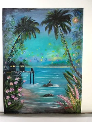 Pintura Acrílica Original 9"x12" Cabañas de Playa Floral Tropical Arte de Pared Decoración Foto 1 de 4