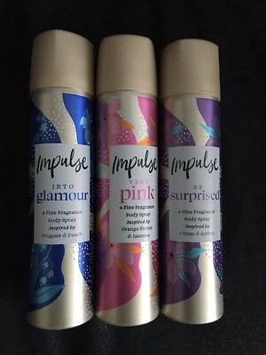 THREE Impulse Body Sprays Deodorant 3 x 75ml Ladies Girls Fragrance