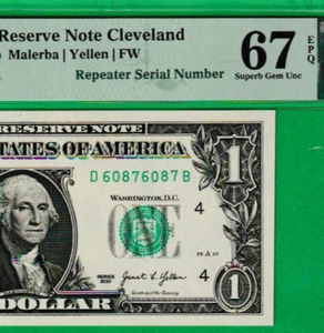 $1 Federal Reserve Note REPEATER SERIAL Number D 6087-6807 A Fr. 3007-D PMG 67 - Picture 1 of 3