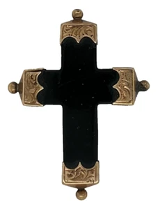 Victorian Engraved 14K Rose Gold Tip Black Onyx Cross 1.25" Brooch Antique 585 - Picture 1 of 7