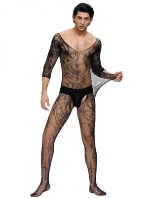 Herren Spitze Catsuit Strapse Transparenz V-Ausschnitt Body Stocking Nylon S/M/L - Bild 1 von 3