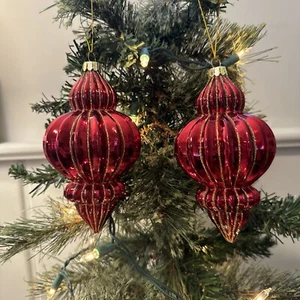 Pair Red oblong Holiday Living Ornaments Set Gold Glitter Accents Unique Shape - Picture 1 of 4