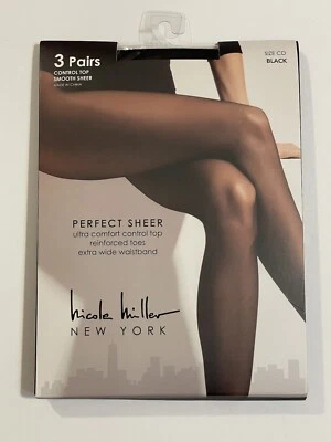 3 Pair NEW Nicole Miller Pantyhose Size CD Black Perfect Sheer Control Top - Image 1 of 2
