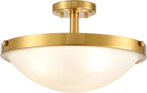 16-Inch Gold Semi Flush Mount Ceiling Light Mid Century Modern 3-Light Milk Glas - Picture 1 of 7