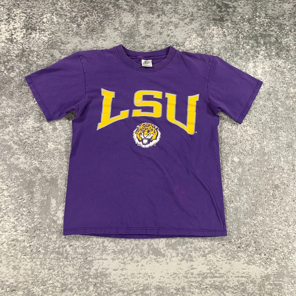 LSU Tiger Shirt Mens Medium Purple Crew Neck Spellout Logo Made In USA MJ Soffe - Image 1 of 4