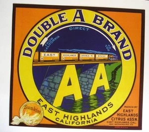 Authentic 1940s Train on Double A Bridge Sunkist Orange Crate Label - Picture 1 of 1