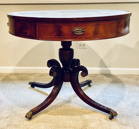 Vintage Mahogany Drum Style Library Table Carved Duncan Phyfe Legs 34.5d x 27.5h Cover
