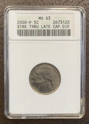MS63 Graded Struck Thru Late-Stage Capped Die Jefferson Nickel Mint Error - Image 1 of 4