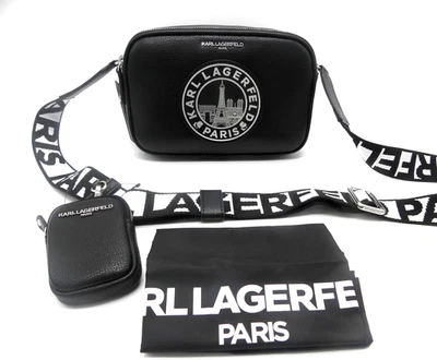 KARL LAGERFELD PARIS VOYAGE MEDALLION CAMERA CROSSBODY SHOULDER BAG BLACK - Image 1 of 4