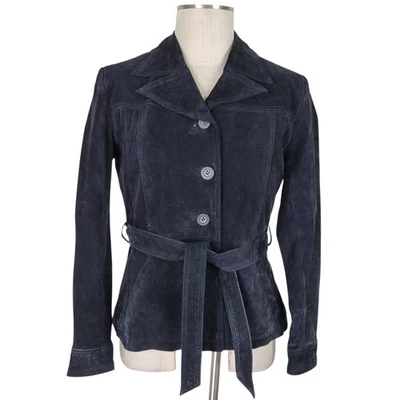 Globel Identity GIII Suede Jacket Women Size M Petite Black Belted Button Front - Image 1 of 4