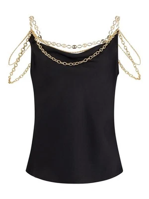 Top de cuello redondo de encaje satinado Paco Rabanne con tirantes de cadenas "Ocho" de firma dorada Foto 1 de 4