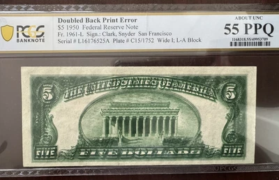 1950 年 FRN 巨大分离双背打印错误 $5 PCGS AU55 PPQ 罕见美!! — 第 1/4 张图片