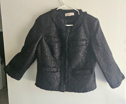 Giacca nera Michael Kors paillettes tweed bordi sfilacciati taglia 8