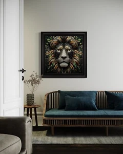 Printed Velvet Lion's Head In Glass Mosaic Design Framed Artwork - Picture 1 of 5