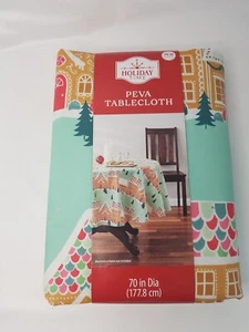 NEW - Gingerbread House Village PEVA Tablecloth Round 70" Holiday Time Christmas - Picture 1 of 5