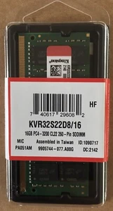 KINGSTON 16GB PC4-3200  DDR4-25600  KVR32S22D8/16  Laptop Memory *NEW SEALED* - Picture 1 of 3