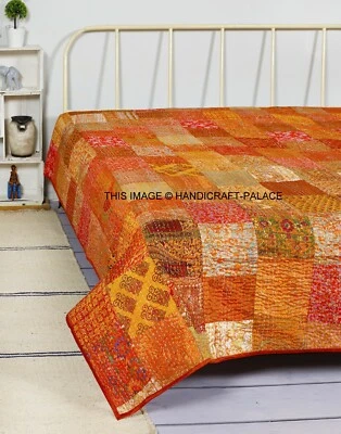 Parche de seda sari indio hecho a mano ropa de cama de trabajo revestimiento edredón Kantha 60x90 pulgadas Foto 1 de 3