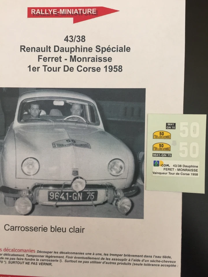 DECALS 1/43 RENAULT DAUPHINE FERET TOUR DE CORSE 1958 RALLYE RALLY FRANCE - Изображение 1 из 1