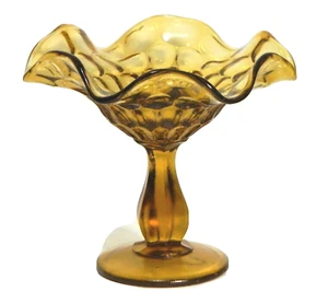 Fenton Amber Glass Thumbprint Compote Ruffle Pedestal Bowl - Foto 1 di 6