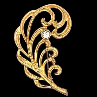 Vintage - Assinado - Avon - Broche de Penas em Tom de Ouro com Strass Branco - Imagem 1 de 4