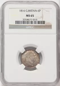 ENGLAND GEORGE III 1816 SIXPENCE SILVER COIN, UNCIRCULATED CERTIFIED NGC MS65 - Picture 1 of 2