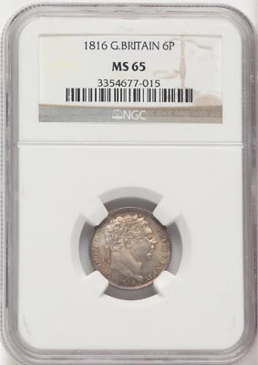 ENGLAND GEORGE III  1816  SIXPENCE  SILVER COIN, UNCIRCULATED CERTIFIED NGC MS65 - Image 1 of 2