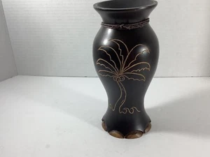Hand Carved Wood Vase From Kauai - Palmtree With Coconuts- 8” Tall - Black - Picture 1 of 6