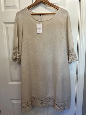 Nuevo con etiquetas Vestido Stella Rosa Hecho en Italia Talla M 100% Lino Beige Crochet Encaje WOW Foto 1 de 4
