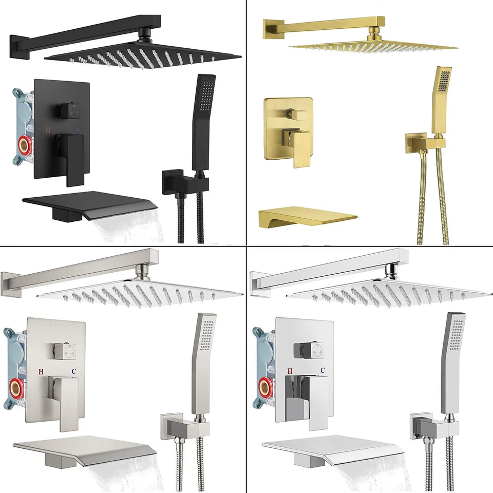 GOTONOVO Shower Faucet System Set 12'' Rain Shower Head Waterfall Tub Spout Mixer Valve