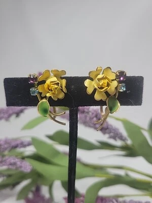 Brincos de cristal/latão vintage austríaco floral parafuso traseiro narcisos - Imagem 1 de 4