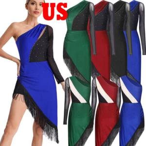 Women Lyrical Modern Dance Dress Asymmetrical Hem Tango Latin Leotard Dress - Picture 1 of 47