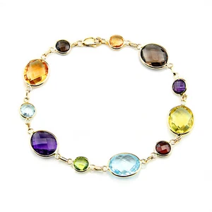 14K Yellow Gold Fancy Cut Oval & Round Multi-Color Gemstones Bracelet 8 Inches - Picture 1 of 3