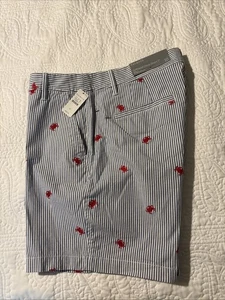 Talbots Girlfriend Chino Shorts NWT 7” Inseam Size 10 Blue & White W/ Red Crabs - Picture 1 of 10
