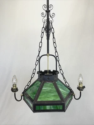 REWIRED Antique Vtg Arts Crafts Mission Chandelier Green Panel Slag Glass Tudor - Image 1 of 4