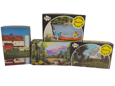 VTG TUCO Miniature Jigsaw Puzzles Round Pictures Farm Fishing 29¢ USA Lot 4 - Image 1 of 4