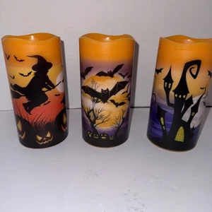 Halloween LED Candles Set of 3 - Flickering Flameless Pillar Candles with Timer - Picture 1 of 11
