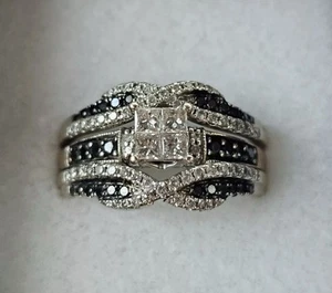 Black diamond engagement ring and wedding band with enhancer size 8— very good  - Picture 1 of 6