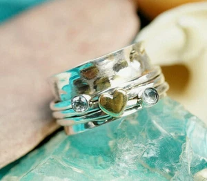 Breit Drehring 925er Silber Ring Aquamarin Hellblau 59 60 62 Hammerschlag Herz - Bild 1 von 8