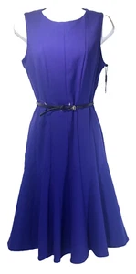 Calvin Klein Blue Flared Sleeveless Zippered Lined Belted Dress Size 4 NWT - Picture 1 of 9