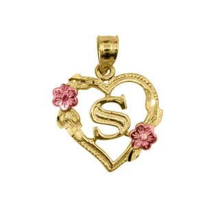 Genuine 14k Two-tone Gold 0.66" Initial S Heart-shaped Flower Pendant For Women - Picture 1 of 5