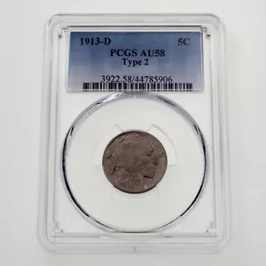 1913-D 5C Buffalo Nickel Type 2 Graded by PCGS as AU58! Nice - Picture 1 of 4