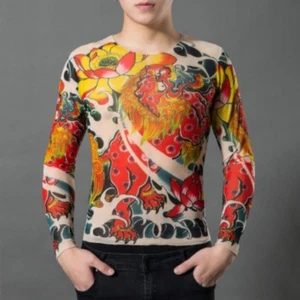 Men Tattoo Novelty Arts Print Long Sleeve Rock Design Party Wearing Turtleneck - Picture 1 of 50