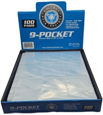 COLLECT-SAVE-PROTECT (Box of 100) CSP 9 Pocket Trading Card Album Pages - No PVC / Acid Free