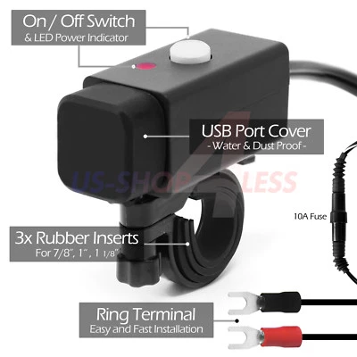 Waterproof Motorcycle 12V Ring Termina 2x USB Charger Adapter Cable Mount Phone - Image 1 of 4