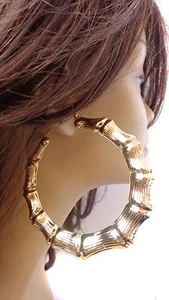 LARGE 3 inch HOOP EARRINGS Bamboo earrings - Old School GOLD TONE BAMBOO HOOPS - Picture 1 of 2