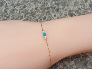 Sparkly 9k 9ct Solid Yellow Gold Natural Turquoise and Pearl Bracelet 6" to 9" - Picture 1 of 6