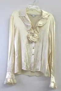 St. John Blouse Ivory Silk Long Ruffle Sleeve Logo Button Closure Size 4 - Bild 1 von 3