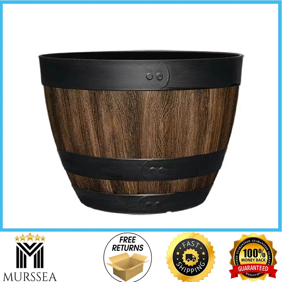 Resin Wine Barrel Planter Indoor Outdoor Large Flower Garden Decor Pot 16 In.