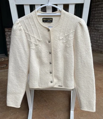 ✅Geiger Tyrol Austria Pure New Wool Cardigan Womens sz 40 Ivory w/ Metal Buttons - Image 1 of 4
